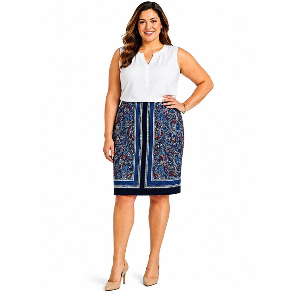 Talbots Blue Paisley Skirt Size 20W Side Elasticized Stretch Bands